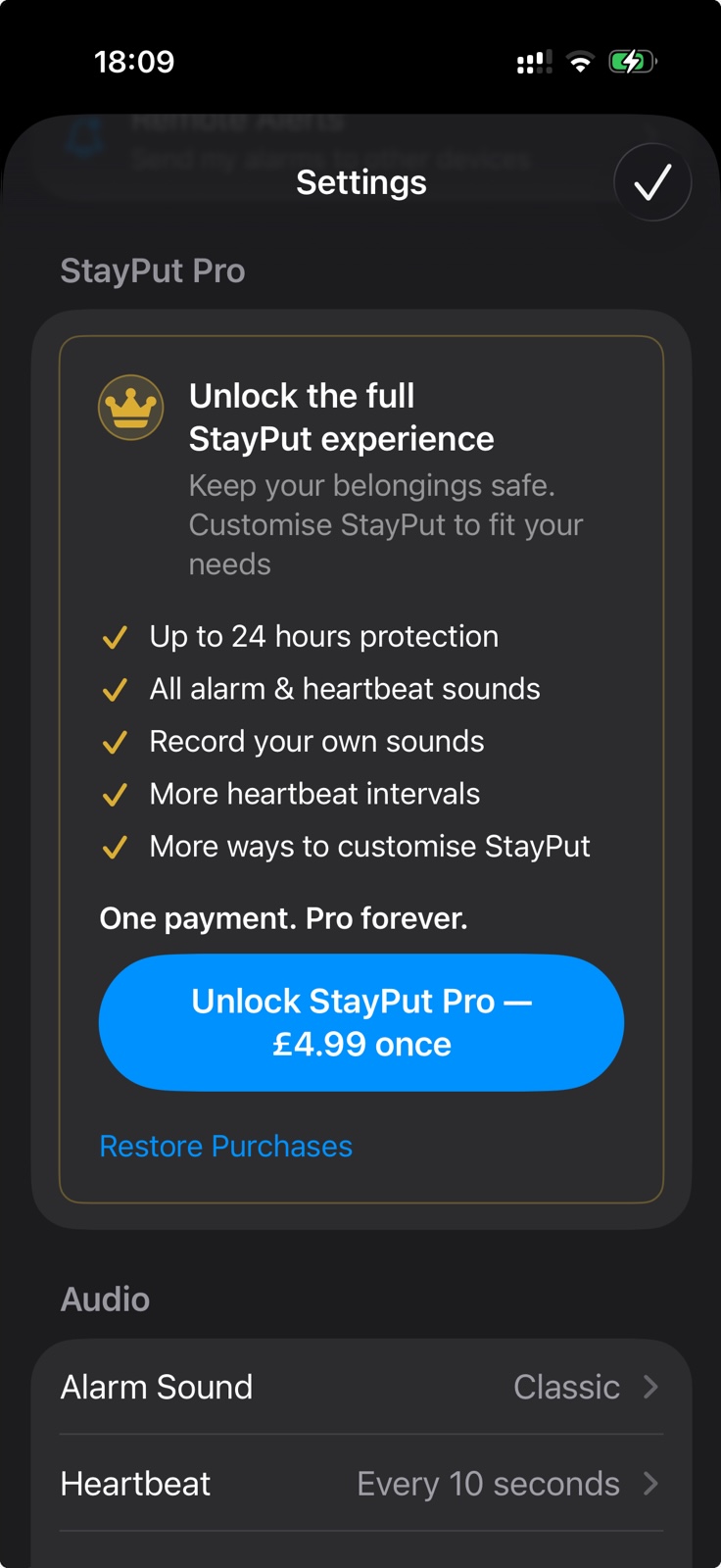 StayPut Pro purchase screen in the app.