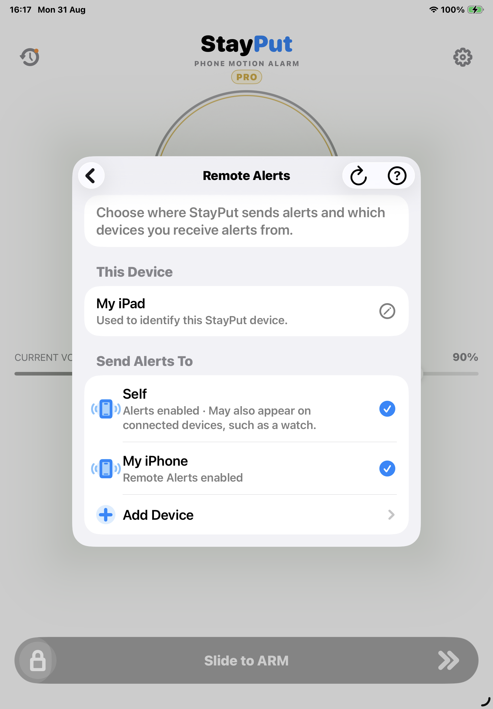 StayPut Remote Alerts settings on an iPad showing Self and My iPhone under Send Alerts To