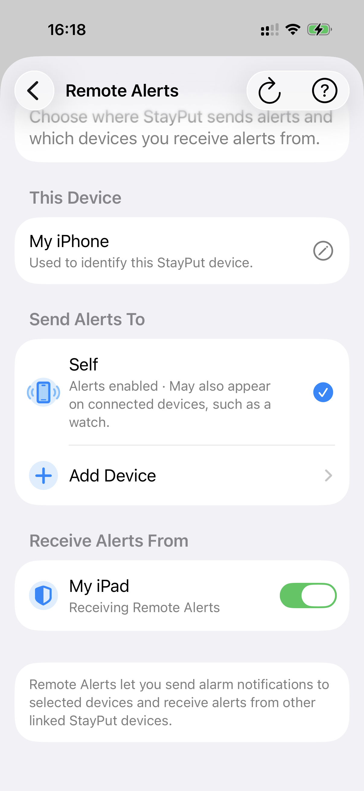 StayPut Remote Alerts settings on an iPhone showing My iPad under Receive Alerts From