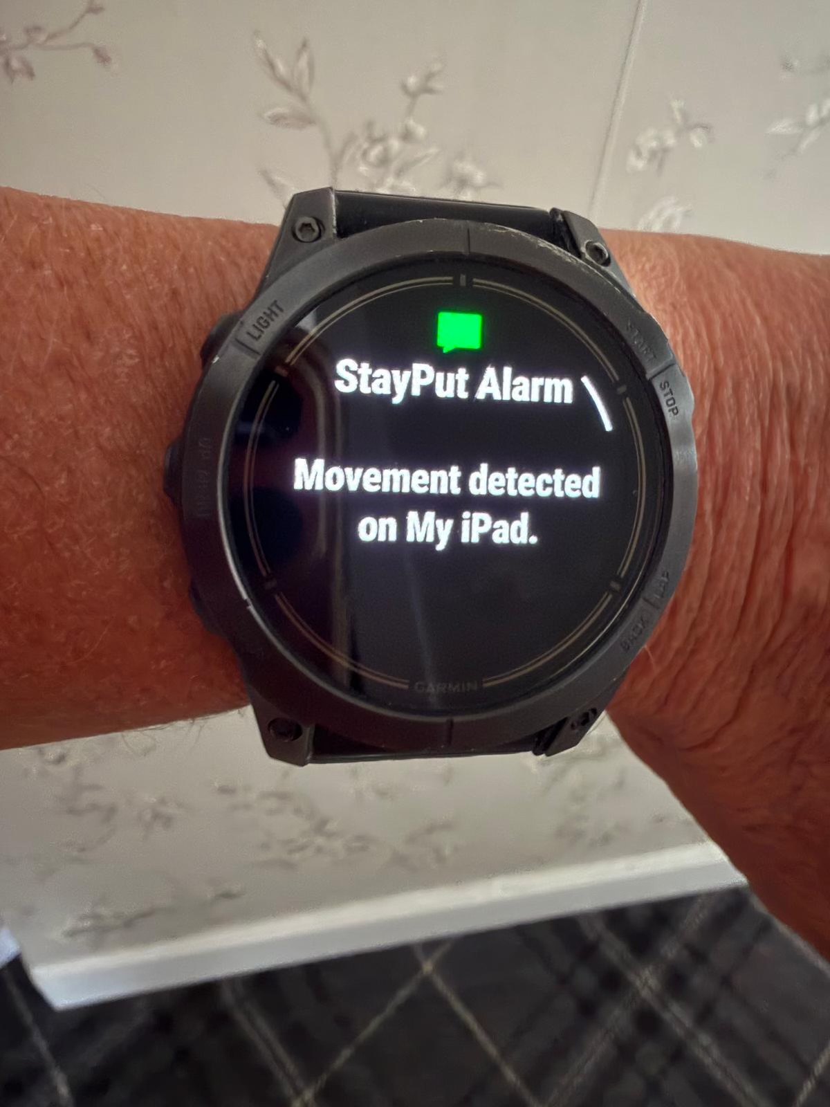 StayPut notification appearing on a connected watch